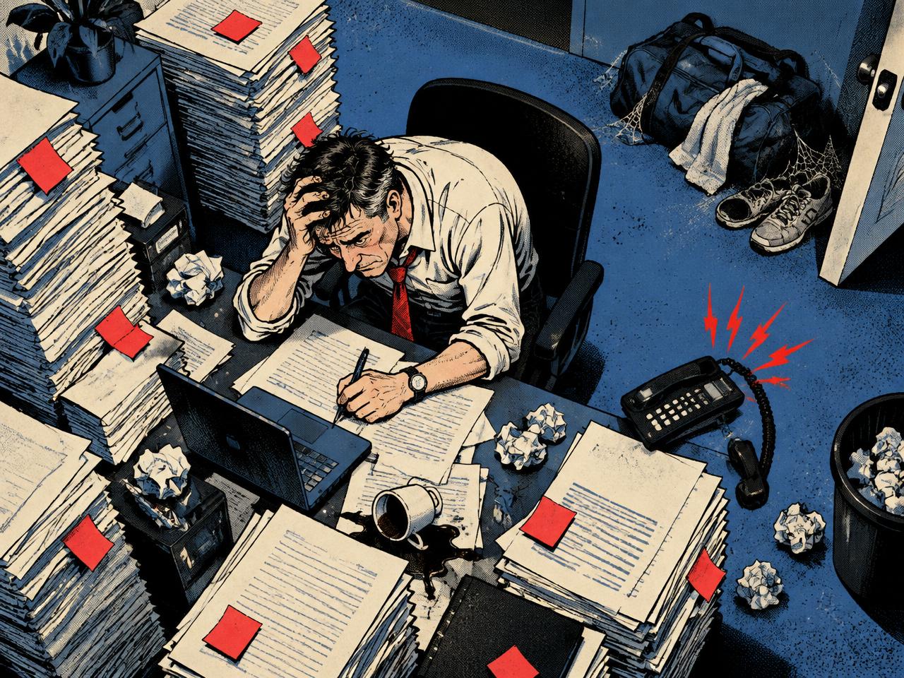 Illustration of a stressed office worker buried under paperwork with a dusty gym bag in the corner